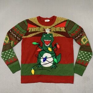 JOYIN Tree Rex Light Up Christmas Sweater Medium Red Green Dinosaur LED